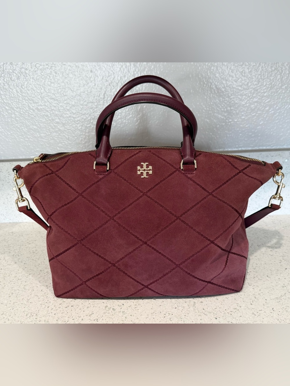 Tory Burch Frida Stitched Suede Satchel — Wine